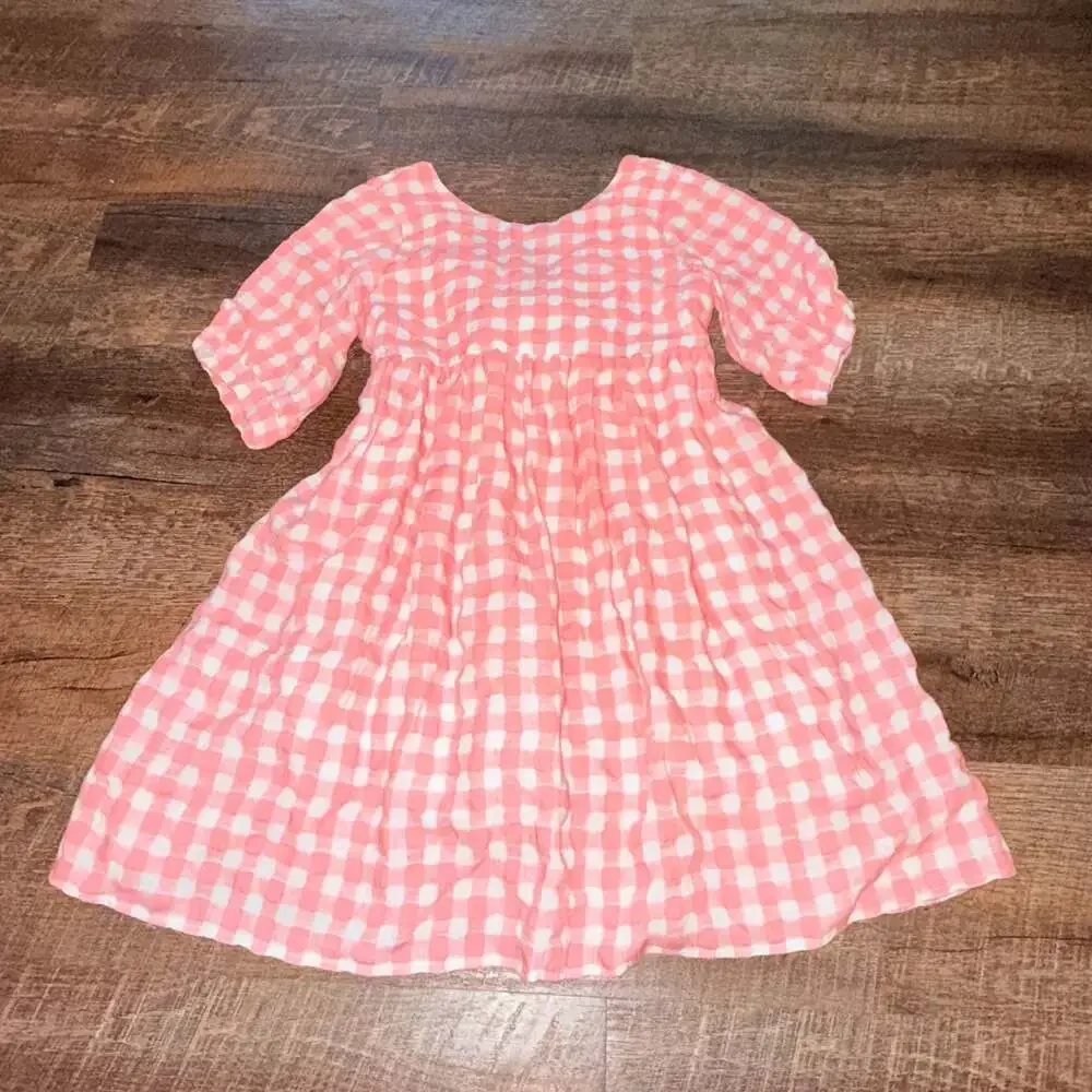 Girls Coral and White Gingham Dress with Floral Tie Detail, Size 7